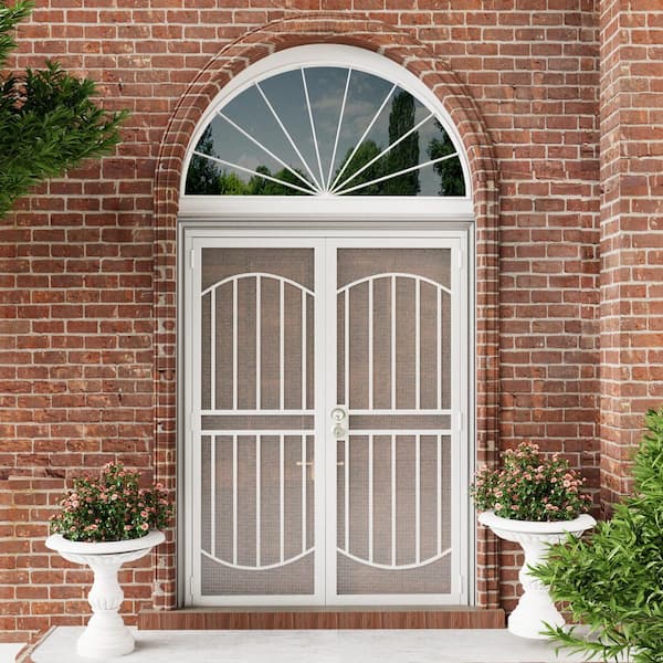 64 in. x 80 in. Universal/Reversible Hinging White Surface Mount Steel Security Door with Expanded Metal Screen (Lock)