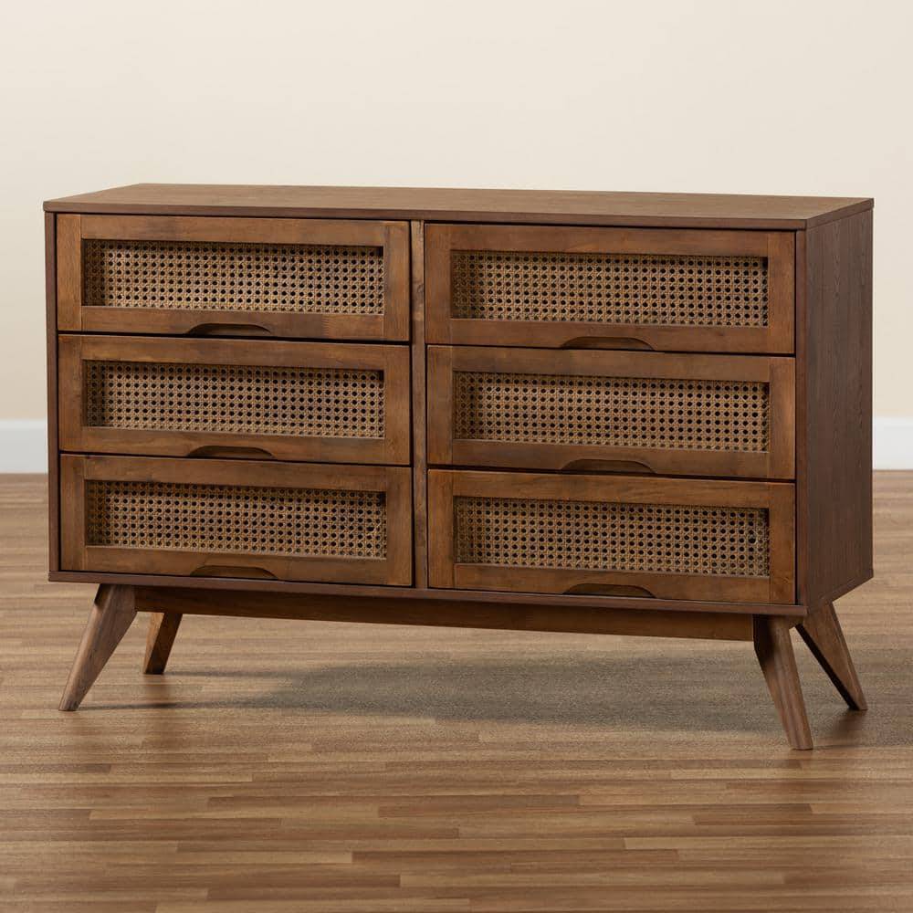 Walnut Brown Mid-Century Modern 6-Drawer Dresser with Rattan