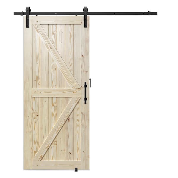 K Model 32 in. x 84 in. Unfinished Natural Solid Wood Interior Sliding Barn Door with Hardware Kit