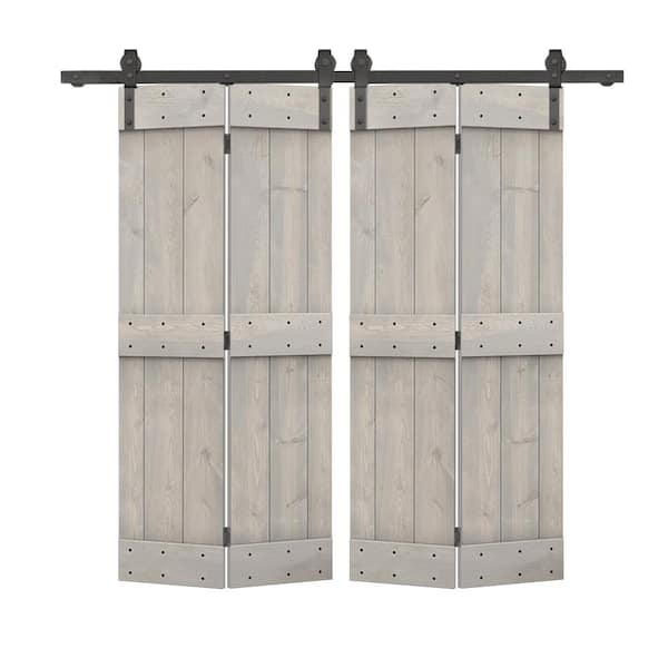 CALHOME 52 in. x 84 in. Mid-Bar Series Silver Gray Stained DIY Wood Double Bi-Fold Barn Doors with Sliding Hardware Kit
