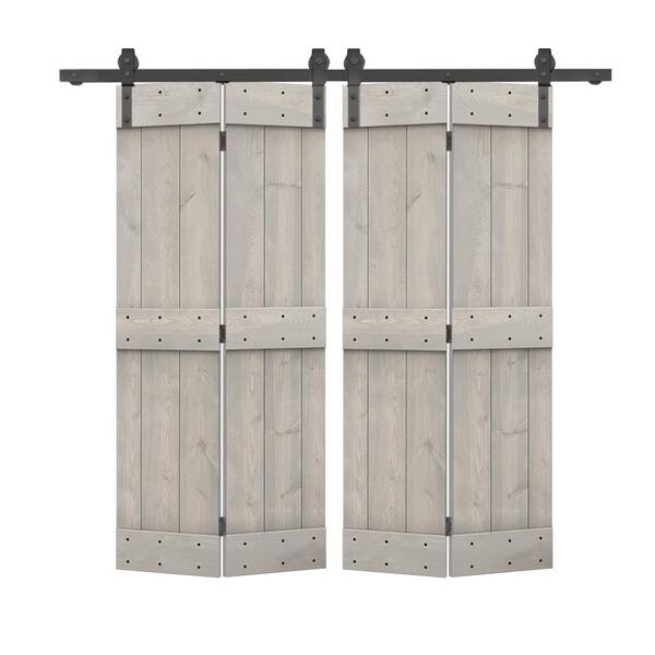 CALHOME 60 in. x 84 in. Mid-Bar Series Silver Gray Stained DIY Wood Double Bi-Fold Barn Doors with Sliding Hardware Kit