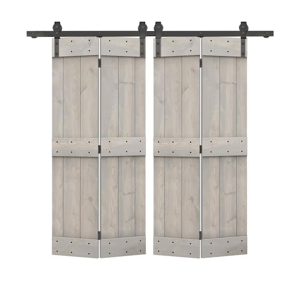 CALHOME 72 in. x 84 in. Mid-Bar Solid Core Silver Gray Stained DIY Wood Double Bi-Fold Barn Doors with Sliding Hardware Kit