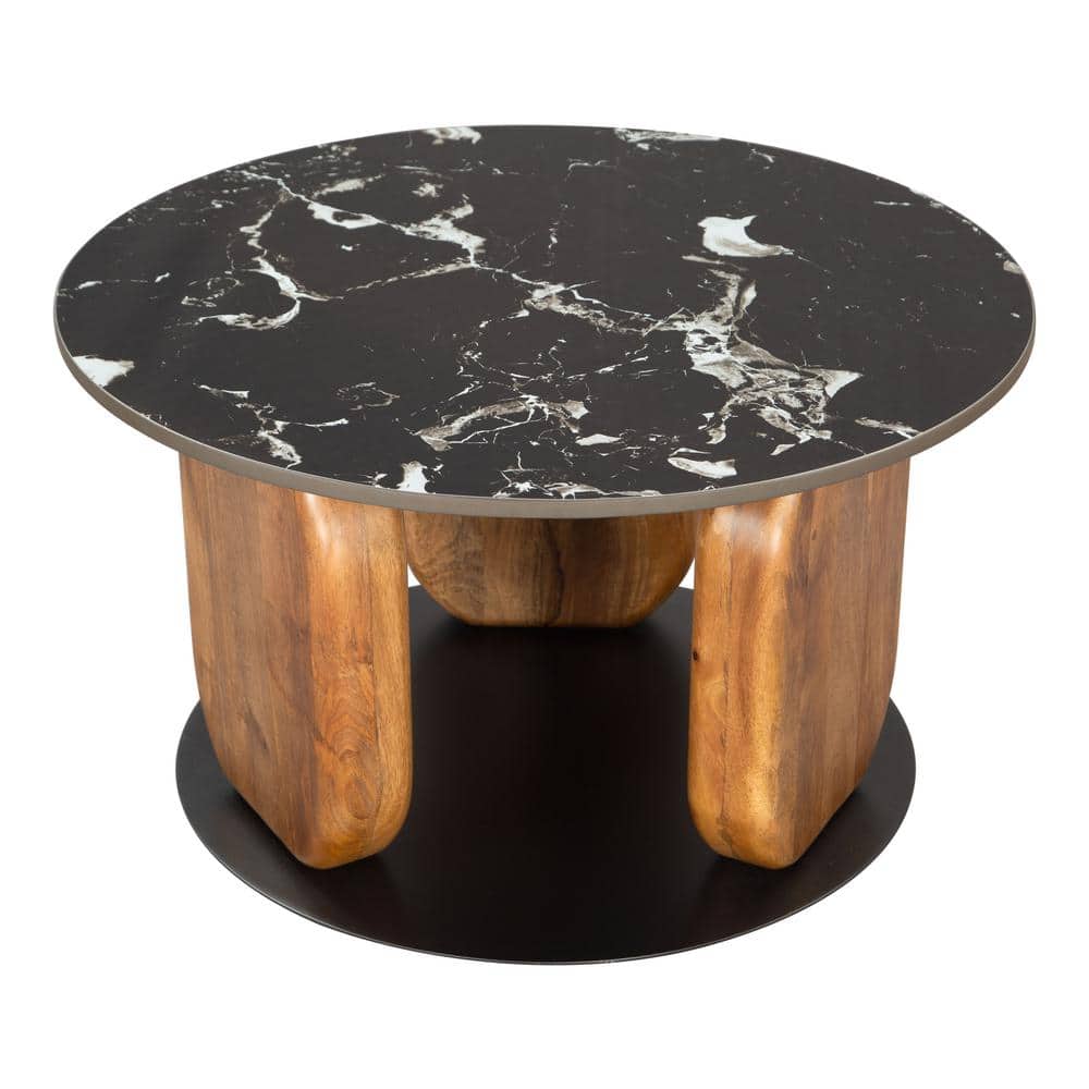 Pemba Round Black Marble Top Coffee Table with Mango Wood Legs