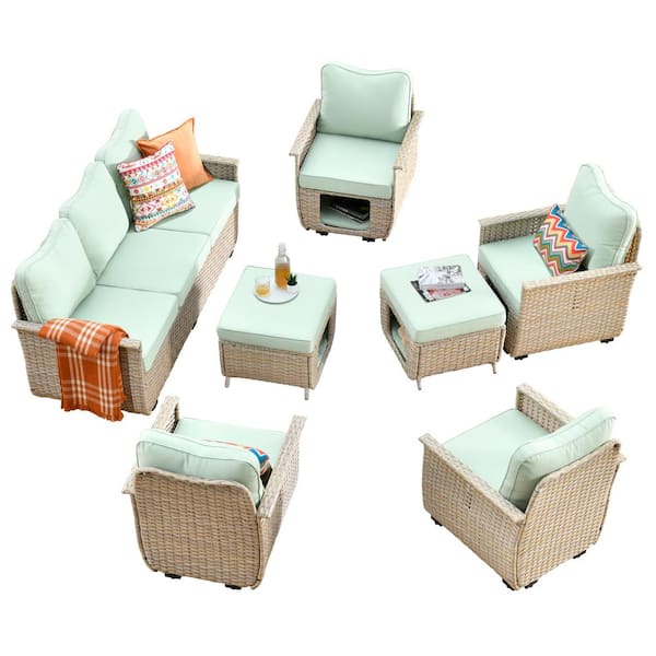 HOOOWOOO Sierra Beige 6-Piece Wicker Pet Friendly Outdoor Patio Conversation Sofa Set with Swivel Chairs and Mint Green Cushions
