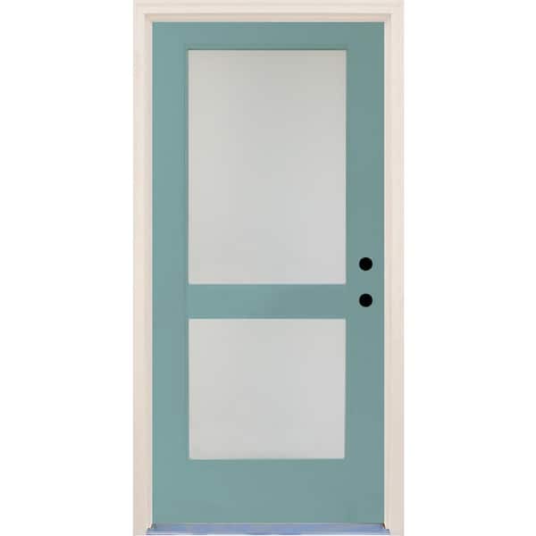 Builders Choice 36 in. x 80 in. Elite Surf Satin Etch Glass Contemporary 2 Lite Painted Fiberglass Prehung Front Door with Brickmould