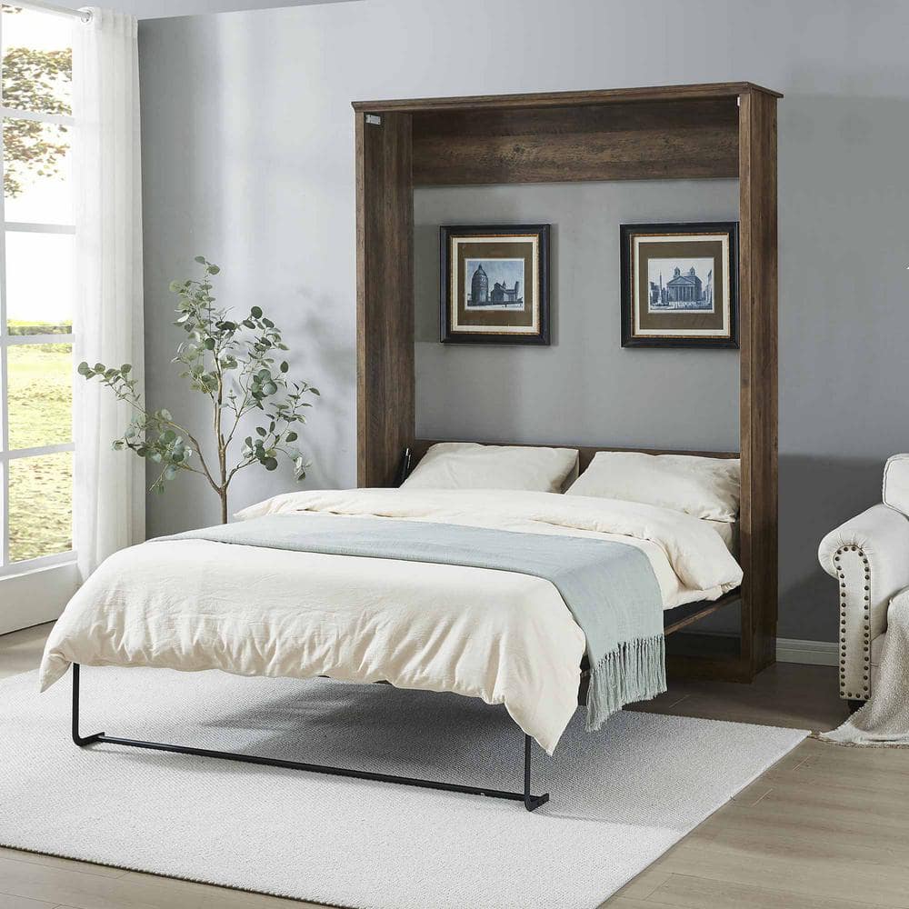 Brown Pine Wood Frame Queen Murphy Bed with Storage