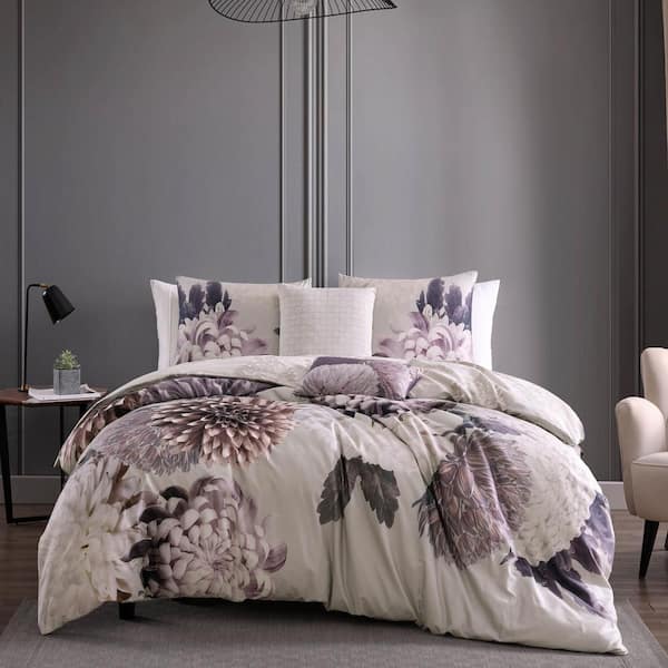 BEBEJAN Bloom Purple 100% Cotton 230 Thread Count 5-Piece Reversible Comforter Set