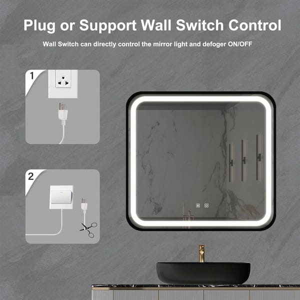 32 in. W x 32 in. H Rectangles Black Frame Wall Mounted Led Classy Bathroom Vanity Mirror in Silver with Anti-Fog