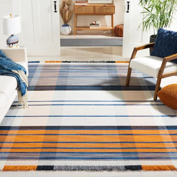 Striped Kilim Orange Blue 9 ft. x 12 ft. Plaid Striped Area Rug