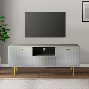 57.70 in. Gray Solid Wood TV Stand for TVs up to 65 in. with Wire Management Hole
