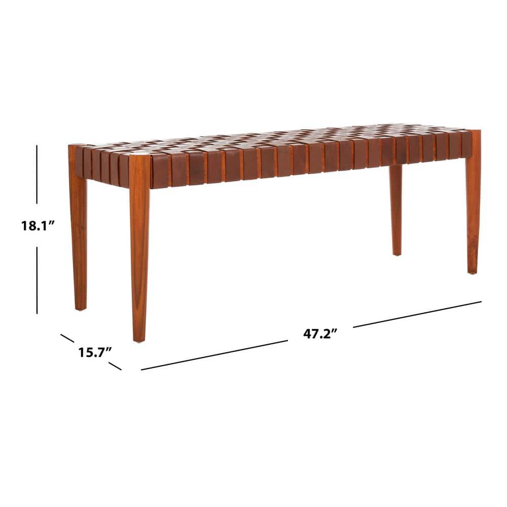 Amalia 47'' Cognac Leather and Dark Brown Mindi Wood Bench