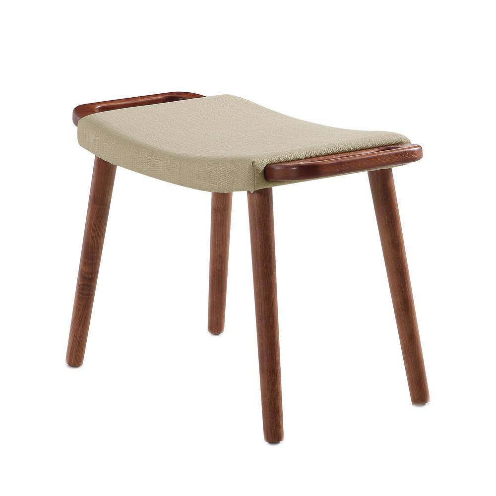 Mid-Century Barley Cream Linen & Antique Walnut Ottoman