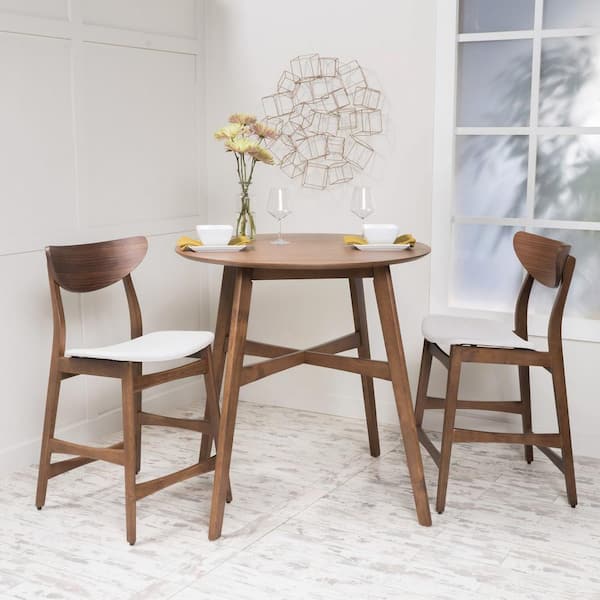 Noble House 3-Piece Natural Walnut Wood and Light Beige Fabric Counter Height Dining Set