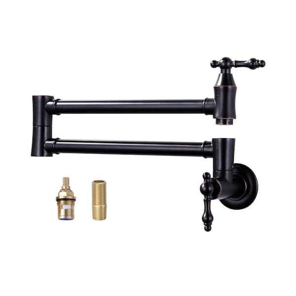 Brass Wall Mounted Pot Filler Double Joint Swing Arms Kitchen Faucet with 360° Spout Swivel in Oil Rubbed Bronze