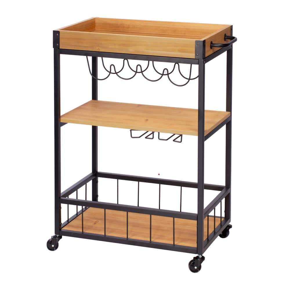 Black and Wood Industrial Rolling Bar Cart with Removable Serving Tray