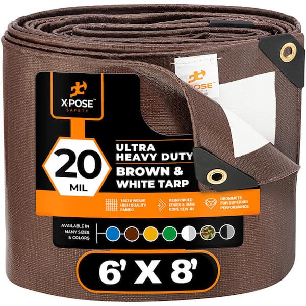 Heavy-Duty Brown White Poly Tarp 6 ft. x 8 ft. Multi-Purpose Protective Cover Durable Extra Thick 20 Mil Polyethylene