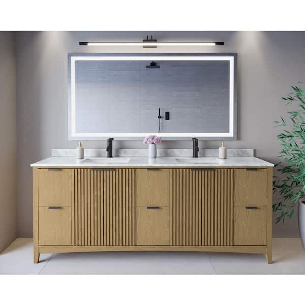 Palmilla 84 in. Double Freestanding Natural Oak Bath Vanity with White Carrara Marble Top Assembled