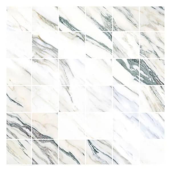 Splendor 12 in. x 12 in. Polished White, Green Vein Porcelain Mosaic Wall and Floor Tile (10.65 sq. ft./case)-11 Pack