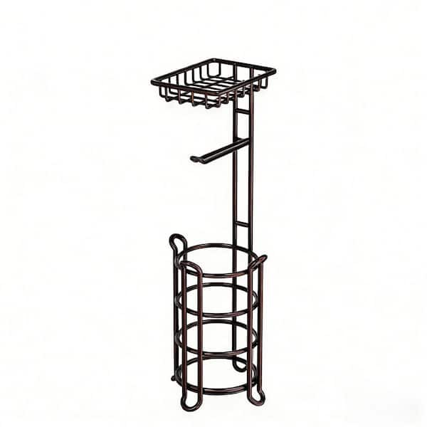 Free-Standing Toilet Paper Holder Stand with Storage Shelf in Bronze, Holds Reserve Mega Rolls for Restroom Vanity