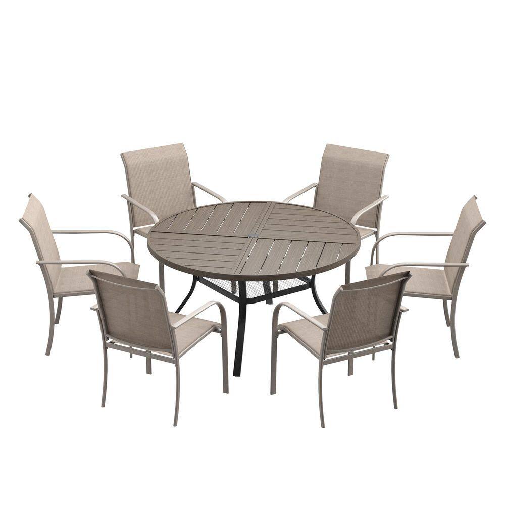 7-Piece Metal Outdoor Patio Dining Set with 47.2 in. Gray Wood-Like Round Table and 6-Sandshell Dining Chairs price history on PriceWatchPro