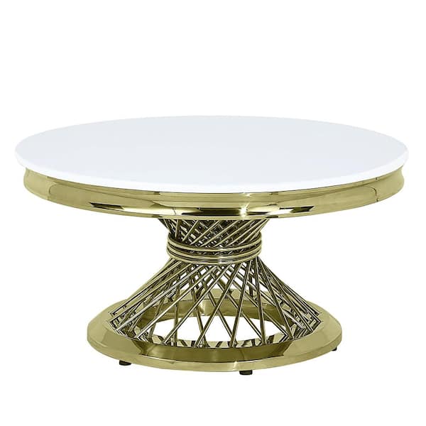 Acme Furniture Fallon 35 in. Engineering Stone and Gold Finish Round Marble Coffee Table