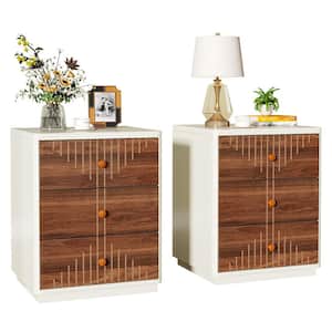 Fenley Set of 2 White and Brown Nightstand, 3-Drawer Bedside Table, End Table with Wood Knobs for Bedroom, Living Room