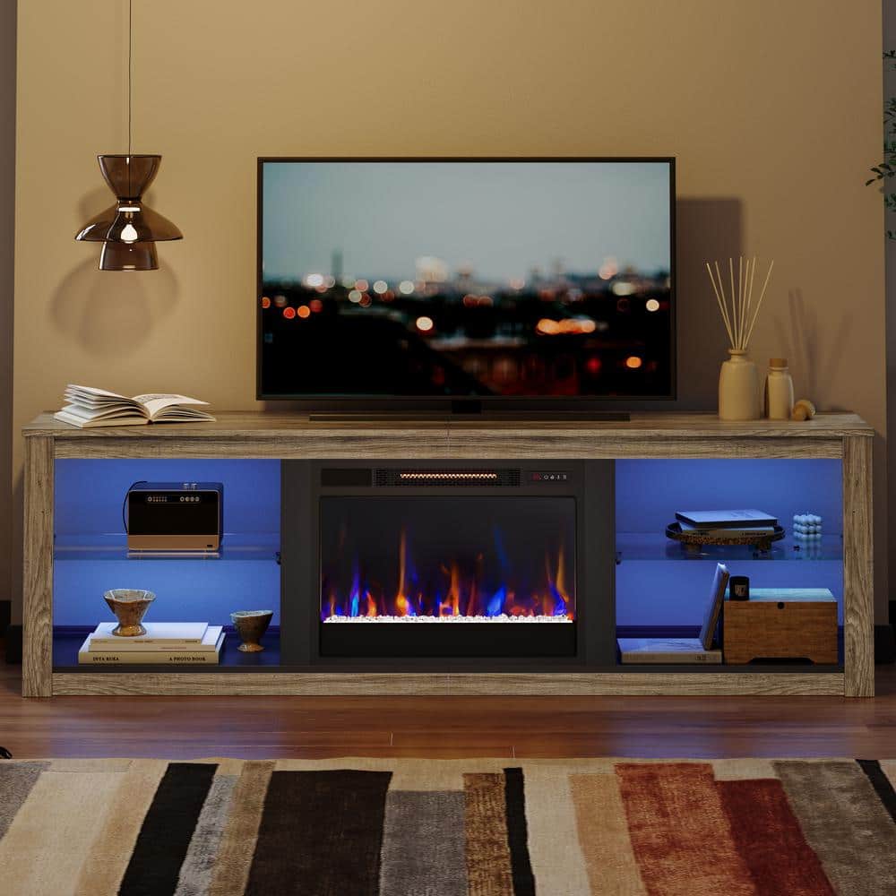 Wash Grey Electric Fireplace TV Stand with LED Lights for 75" TV