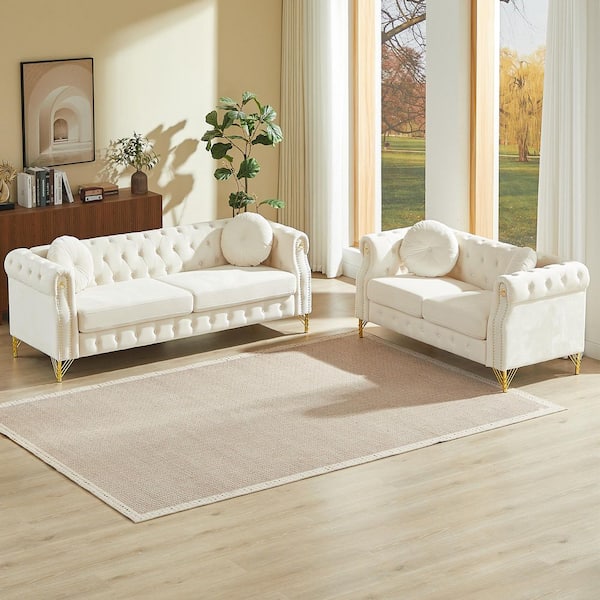 Lornell French 82 in. 2-Piece Velvet Button Tufted Upholstered Rectangle Sectional Sofa Set in Beige with Pillows