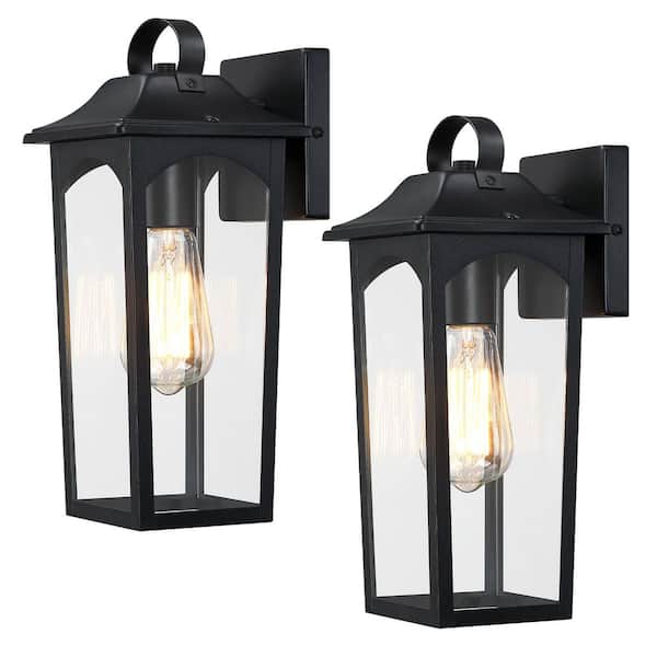 pasentel 13.75 in. 1-Light Black Outdoor Hardwired Clear Glass Wall Lantern Sconce with No Bulbs Included(2-Pack)