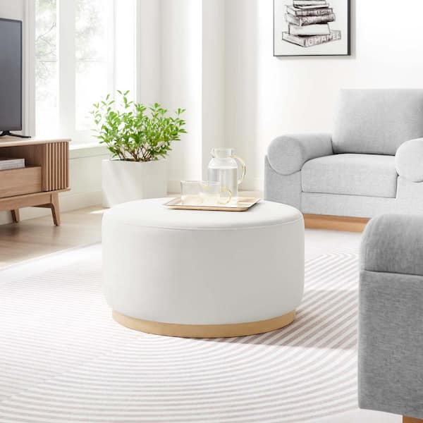 MODWAY Tilden Large 29 in. Round Performance Velvet Upholstered Ottoman in Alabaster Natural