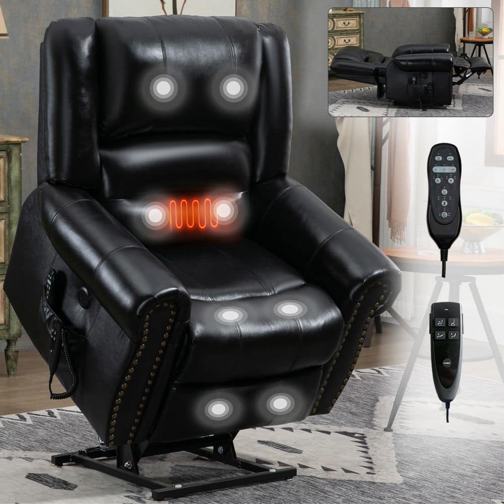 Black Dual Motor Genuine Leather Power Lift Recliner Heat Massage, Heavy Du