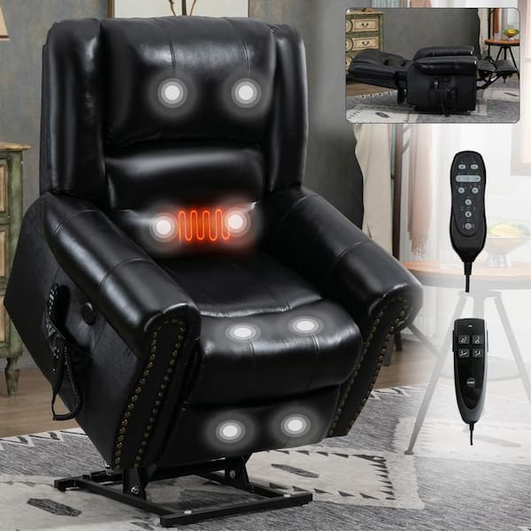 Black Dual Motor Genuine Leather Power Lift Recliner Heat Massage, Heavy Duty Motion Mechanism with USB Ports