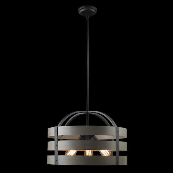 Maddox 3-Light Matte Black Chandelier with Faux Wood