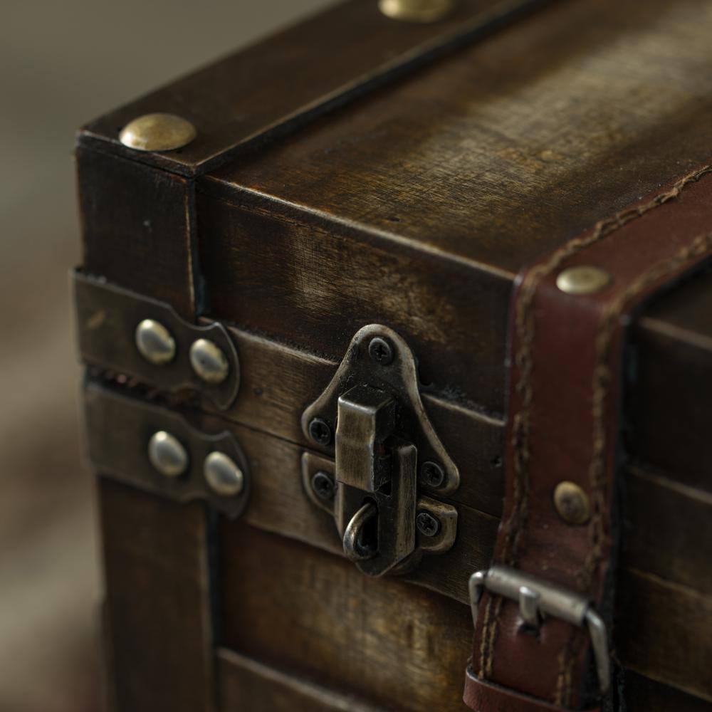 Small Brown Wooden Storage Trunk with Faux Leather Straps