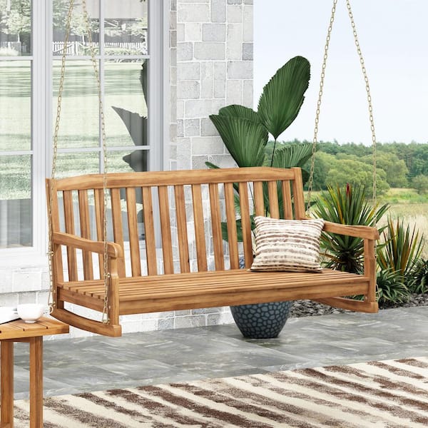 Unbranded 2-Person Seat Teak Outdoor Acacia Wood Hanging Porch Swing with 96 in. Chain Easy Assembly for Patios, Porches