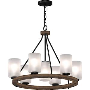 Emery 7-Light Walnut and Black Indoor Hanging Chandelier with Frosted Glass Cylinder Shades