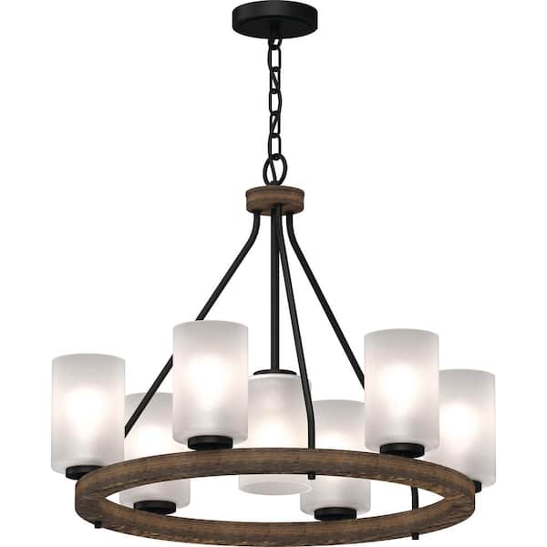 Volume Lighting Emery 7-Light Walnut and Black Indoor Hanging Chandelier with Frosted Glass Cylinder Shades