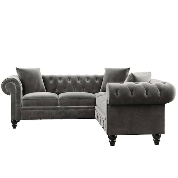U Shaped Velvet Modern Sectional Sofa, Black Leather Mid Century Modern Sectional