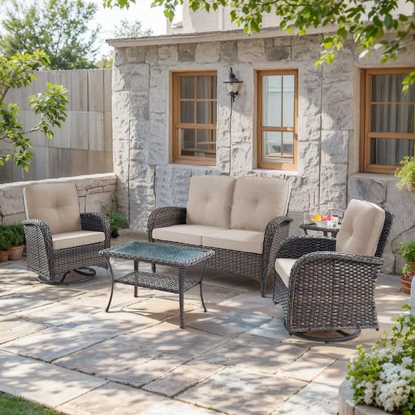 SleekArm 5-Piece Brown Wicker Patio Conversation Set with Olefin Beige Cushion/Loveseat with Patio Swivel Chairs