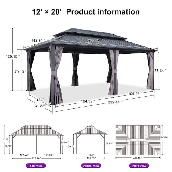 PURPLE LEAF 12 ft. x 20 ft. Gray Aluminum Hardtop Gazebo Canopy