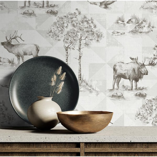 60.75 Sq. Ft. Mushroom Grey Alaska Moose Unpasted Wallpaper Roll