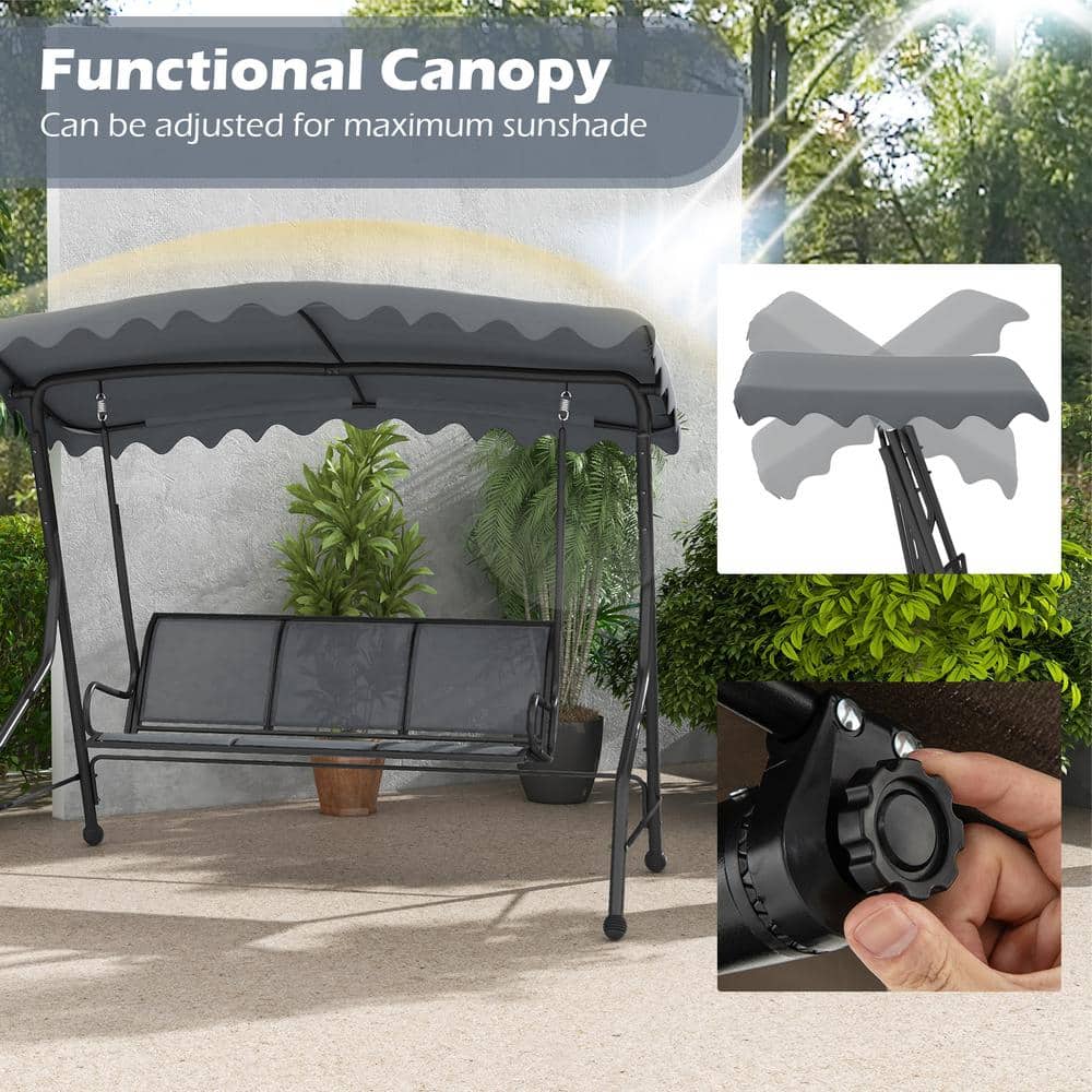 Gray Iron 3-Person Porch Swing with Adjustable Canopy