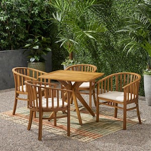 Alondra Teak Brown 5-Piece Wood Square Patio Outdoor Dining Set with Cream Cushions