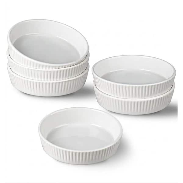 6-Piece Round Ceramic Ramekin Set White Oven Safe Shallow Souffle Quiche Mini Tart Pans for Individual Serving