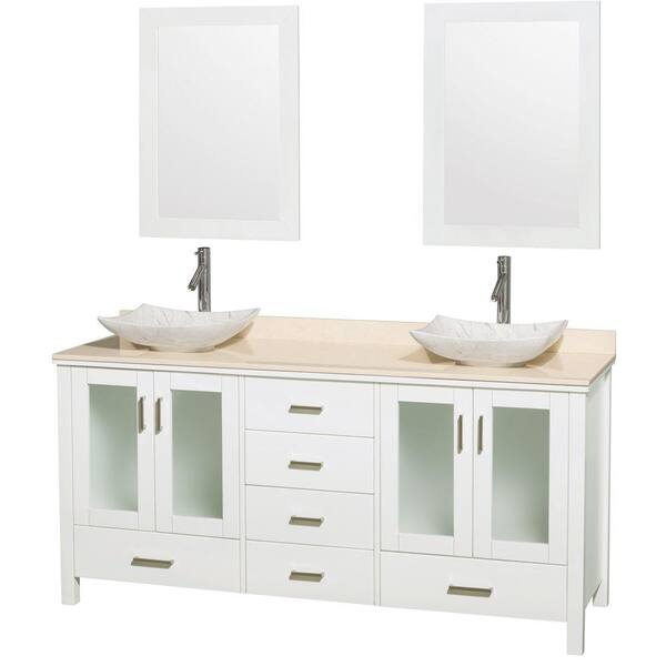 Wyndham Collection Lucy 72 in. Double Vanity in White with Marble Vanity Top in Ivory, Carrara Marble Sinks and 24 in. Mirrors