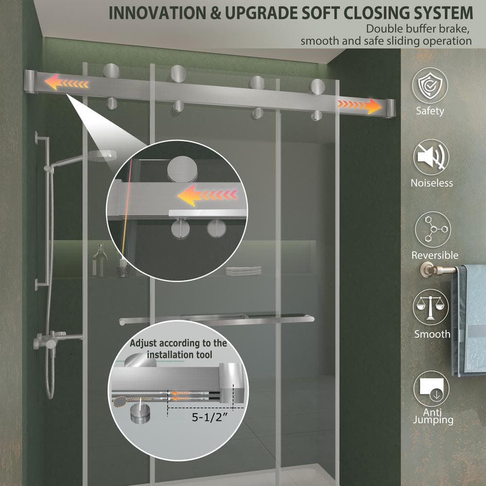 Brushed Silver Frameless Double Sliding Shower Door with Clear Tempered Glass