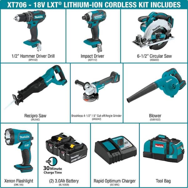 Makita 18V LXT Lithium-Ion Cordless 5-pc. Combo Kit (Drill-Driver/Impact  Driver/Circular Saw/Recipro Saw/Light) 4.0Ah XT510SM - The Home Depot