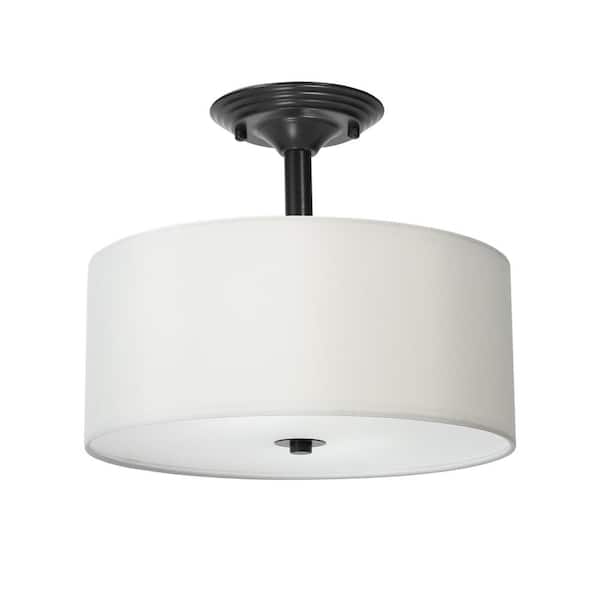 Merra 13 in. 2-Light Oil Rubbed Bronze Semi-Flush Mount Light with Fabric Drum Shade