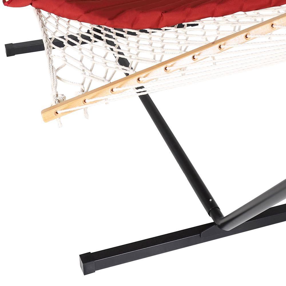 Striped Red and Beige Metal Stand 2-Person Hammock with Pillow