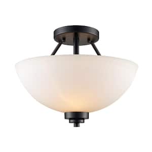 Mod Pod 13.5 in. 2-Light Black Semi Flush Mount Kitchen Ceiling Light Fixture with Frosted Glass Shade